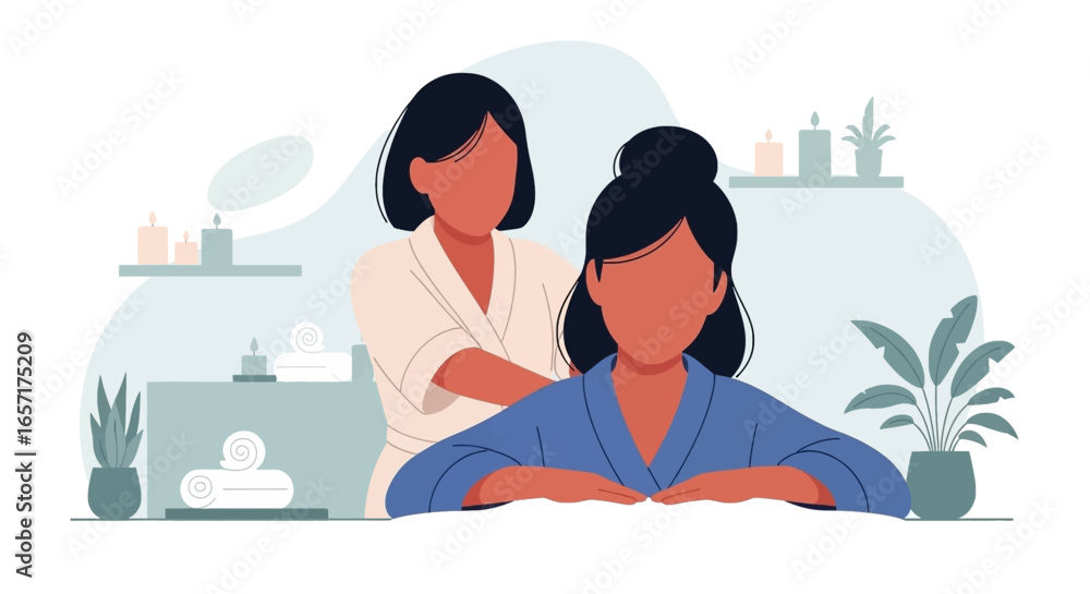 Obraz premium Woman enjoying a relaxing back massage at a serene spa with calming candles and plants. Represents wellness, self-care, and professional therapy services.