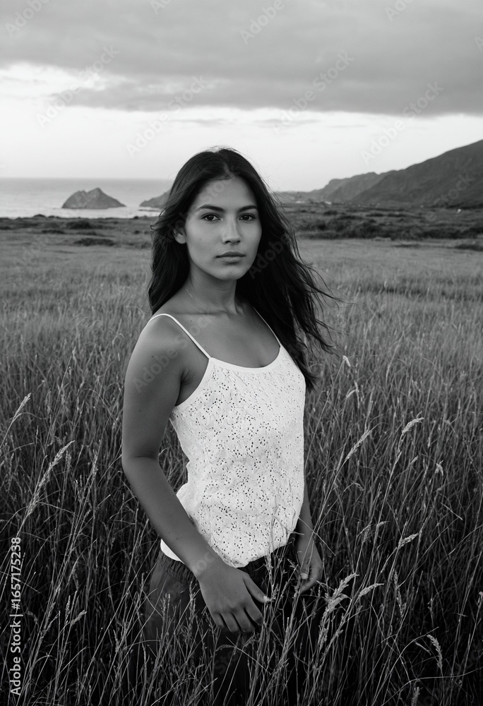 Photo A young woman stands in a meadow, black and white photography, coastal landscapes Photo A young woman stands in a meadow, black and white photography, coastal landscapes