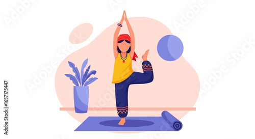 A person in a red turban and yellow top practices yoga on a mat indoors, demonstrating balance and mindfulness. Ideal for health, wellness, and fitness concepts.