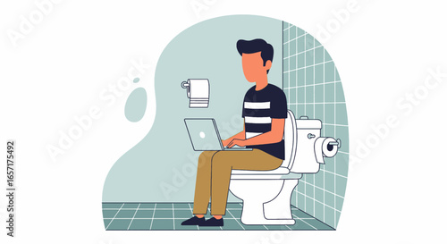 Man working on a laptop while sitting on the toilet, illustrating remote work, privacy, and unconventional workspaces. Modern lifestyle and business concept.