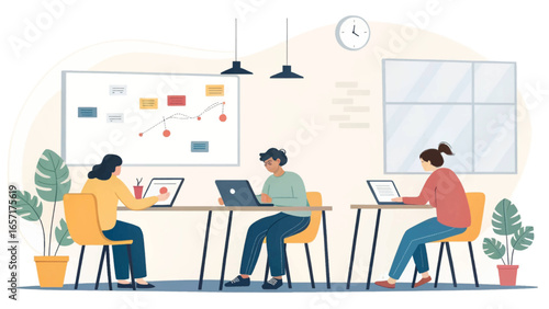 Three people working productively on laptops and a tablet in a bright, modern co-working space, ideal for business, teamwork, and remote work concepts.