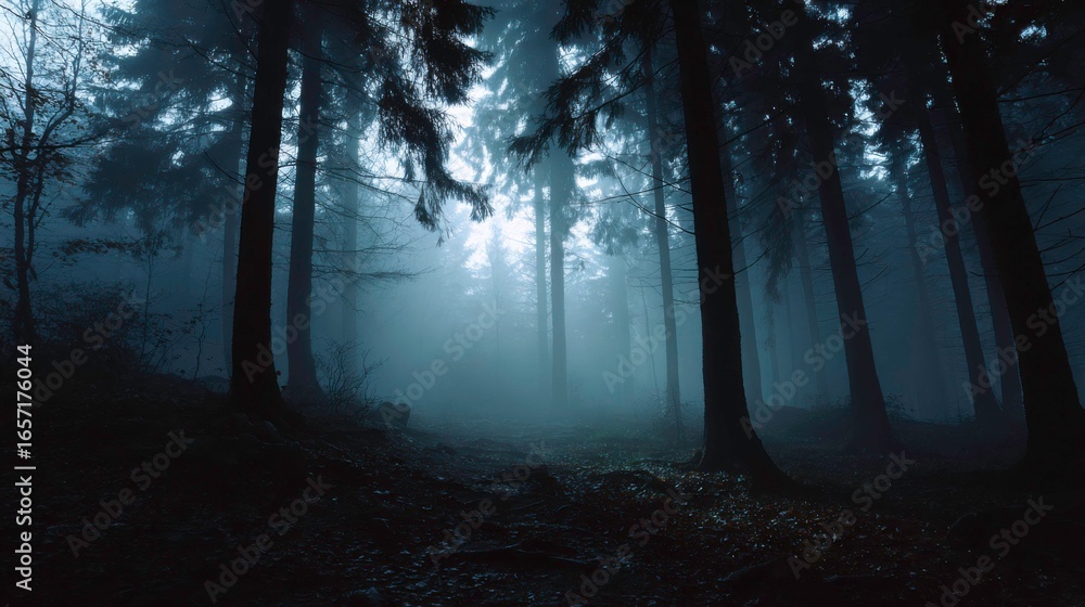 Obraz premium Dark and Mysterious Foggy Forest with Tall Trees in Soft Atmospheric Light