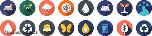 16 circular flat icons with earthy tones representing environmental and sustainability themes