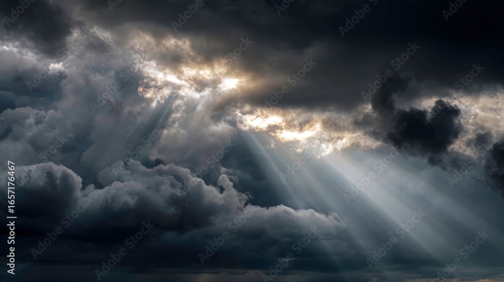 Obraz premium Dramatic Cloud Patterns with Sunlight Rays Breaking Through Dark Skies Above Landscape