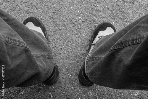 A person is standing on a sidewalk with their feet apart