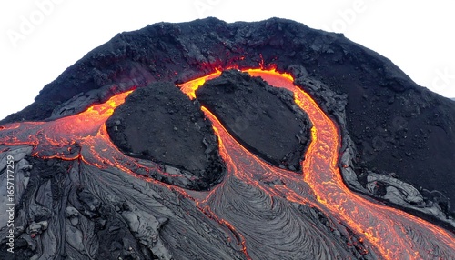 Molten lava flows from volcano's peak