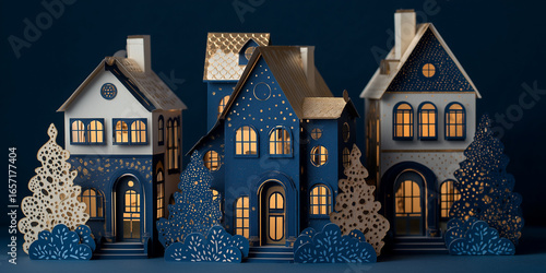 papercraft christmas houses with glowing garlands, deep layered blue paper cut style, gold foil details