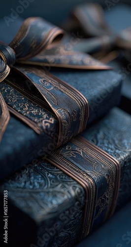 Elegant navy blue gifts with ornate ribbon