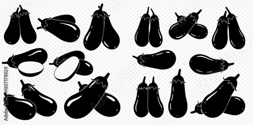 A collection of black eggplant silhouettes, featuring whole and sliced aubergines in various poses and compositions.