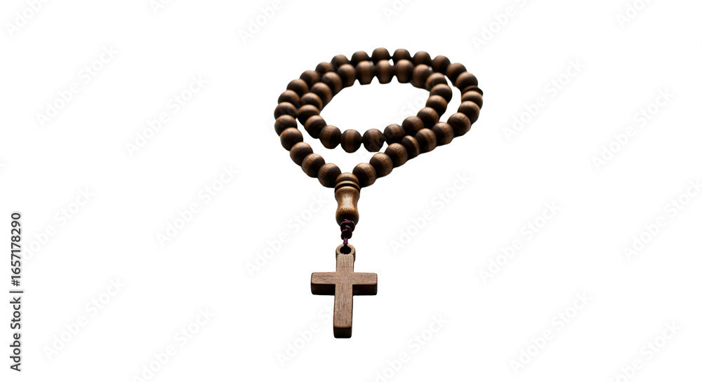 Naklejka premium Rosary beads with cross, close-up, high quality photo, white background, religious and spiritual symbol, minimalistic style.
