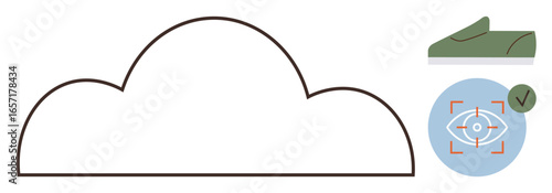 Simple cloud shape with security visual includes biometric eye scan and green authorization mark. Ideal for technology, data protection, digital storage, privacy, verification, cybersecurity, modern