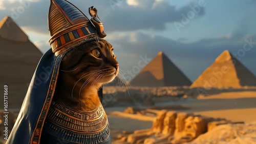 Cat wearing pharaoh headdress in front of pyramids at sunset