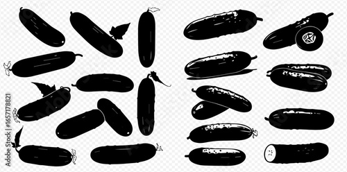 A collection of black silhouette illustrations of whole and sliced cucumbers with leaves, isolated on a transparent background.