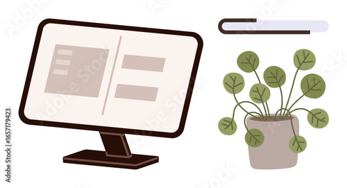 Computer screen displaying a user interface, loading bar symbolizing progress, potted plant for nature. Ideal for productivity, technology, minimalism, progress, work-life balance, nature focus