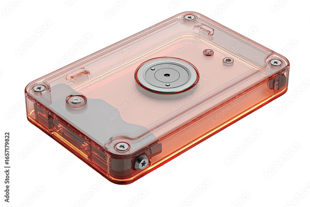 Fototapeta premium Transparent pinkish-red protective case for a data storage device
