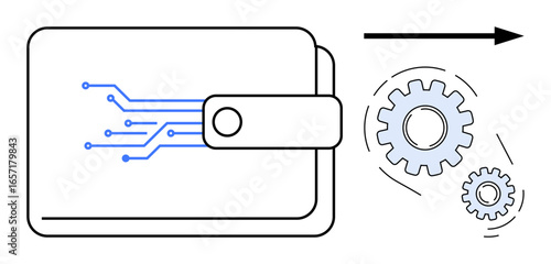 Digital wallet with circuit design connected to rotating gears and arrow. Ideal for concepts thumbs up fintech, automation, innovation, technology, blockchain, finance, data processing. Simple flat