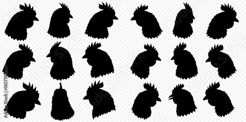 A collection of black rooster head silhouettes arranged in rows with one hidden bell pepper shape among them.