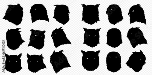 A graphic collection of isolated black owl head silhouettes shown from various angles and profiles.
