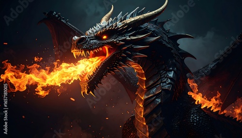 Majestic dragon spewing flames against a dark backdrop.