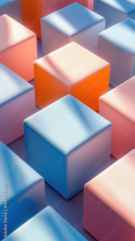 Fototapeta premium A grid of pastel-colored cubes, bathed in sunlight, features a vibrant orange cube as a focal point. The cubes exhibit a glossy, three-dimensional texture