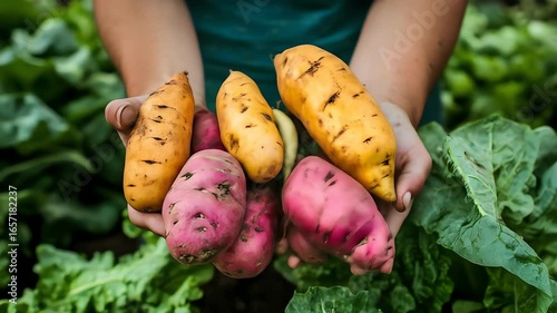 Hands holding fresh yellow and pink sweet potatoes