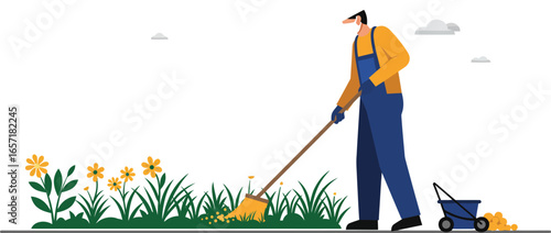 Gardener raking leaves in garden with flowers and lawn spreader in flat vector illustration 