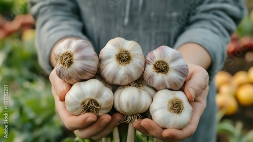 Hands holding freshly harvested garlic bulbs in a garden