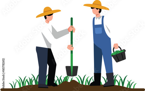 Two farmers in hats planting and watering crops in field agricultural activity vector illustration 