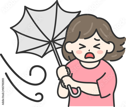 強風で傘が裏返ってしまった、私服姿の女性のイラスト｜強風・大雨・台風の日