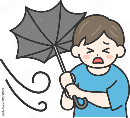 強風で傘が裏返ってしまった、私服姿の男性のイラスト｜強風・大雨・台風の日