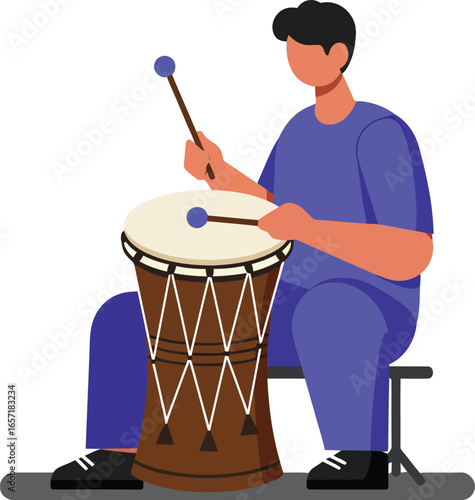 Man playing traditional drum musical instrument in seated posture vector illustration with blue outfit and brown drum 