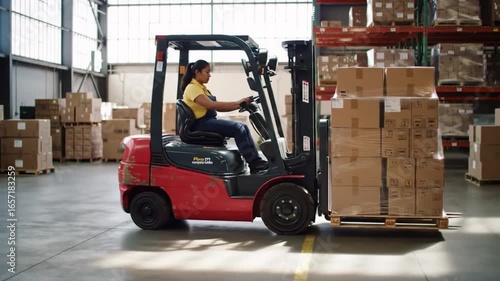 Operator maneuvering forklift with boxes in warehouse.