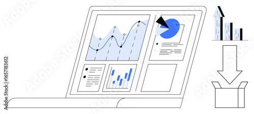 Laptop screen showcasing line graphs, pie chart, bar graph, and data panels. Arrow pointing to open box signifies exporting data. Ideal for business, finance, analysis, planning reporting strategy