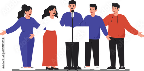 Group of diverse people standing together singing with microphone in colorful casual clothes vector illustration 