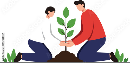 People planting young green tree together teamwork and environmental care vector illustration 