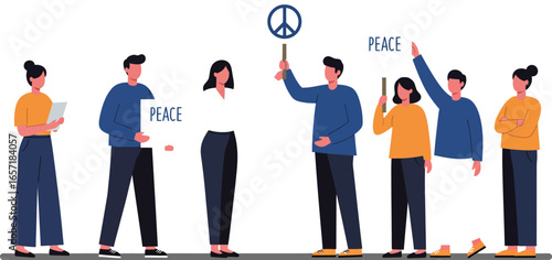Group of diverse people holding peace signs promoting harmony and unity in social activism vector illustration 