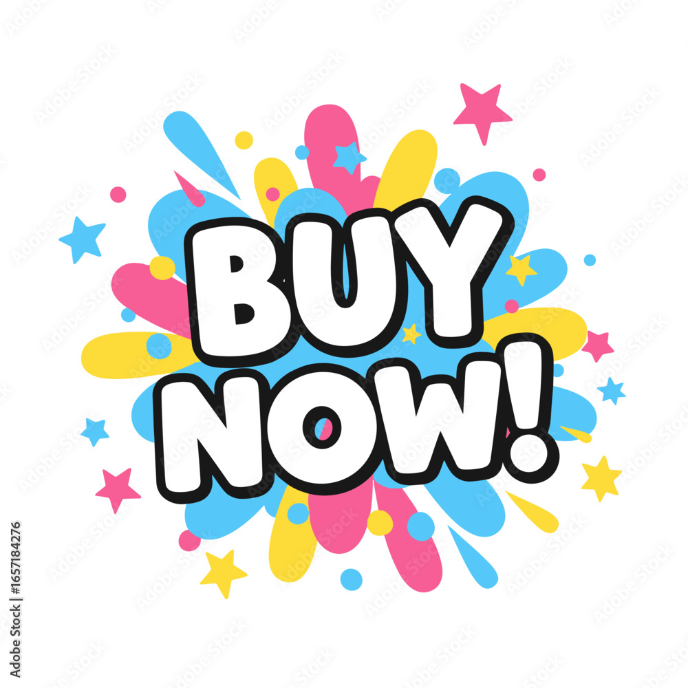 Obraz premium Buy Now! Pop art comic style sticker with colorful splash. Call to action for sales, promotions, and online shopping.