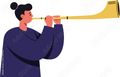 Person playing traditional long horn musical instrument vector illustration in simple style 