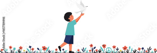 Child releasing white dove in flower garden peaceful nature harmony vector illustration 