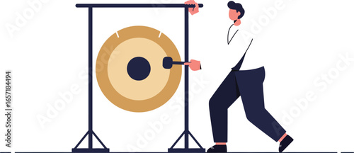 Man Striking Large Gong with Mallet in Minimalist Vector Illustration Showing Sound Impact 
