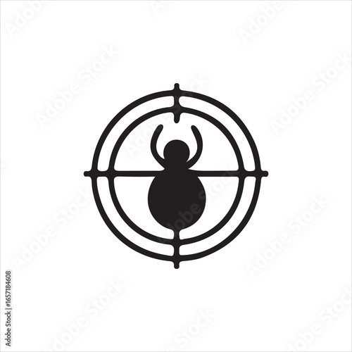 Black spider icon within a target symbol on white background crosshairs aiming