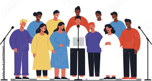 Group of diverse singers performing on stage with microphones in colorful clothing vector illustration 