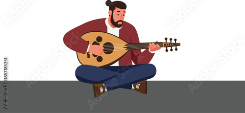 Man playing oud string instrument sitting cross-legged on floor enjoying music vector illustration 