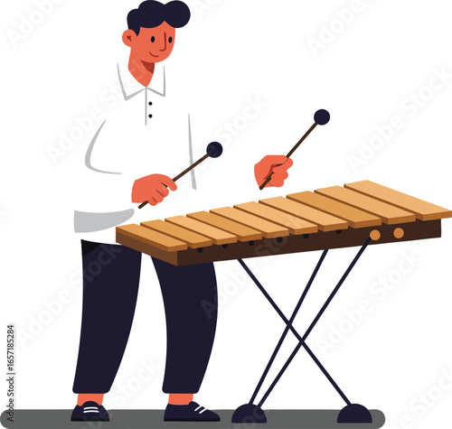 Musician playing wooden xylophone percussion instrument in casual outfit vector illustration 