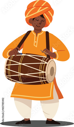 Indian man playing dhol drum in traditional attire cultural music vector illustration 