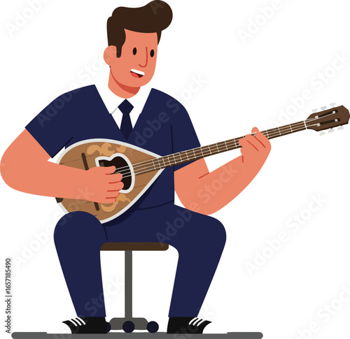 Man playing bouzouki traditional string instrument seated vector illustration in casual clothing 