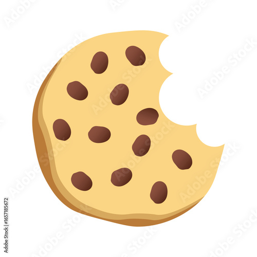 Bitten chocolate chip cookie icon. Delicious biscuit in flat style. Dessert bite with crumbs and chocolate sweetness. Cookie symbol. Simple vector illustration isolated on white background.