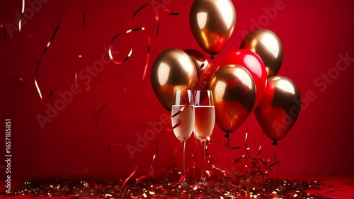 Red and gold balloons and champagne glasses with confetti
