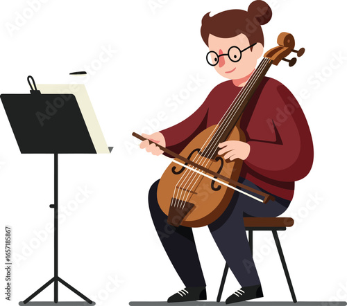 Musician playing cello with music sheet stand in indoor setting vector illustration 