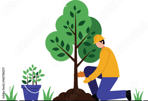 Man Planting Tree in Garden with Green Leaves and Blue Pot on White Background Gardening Concept Vector Illustration 